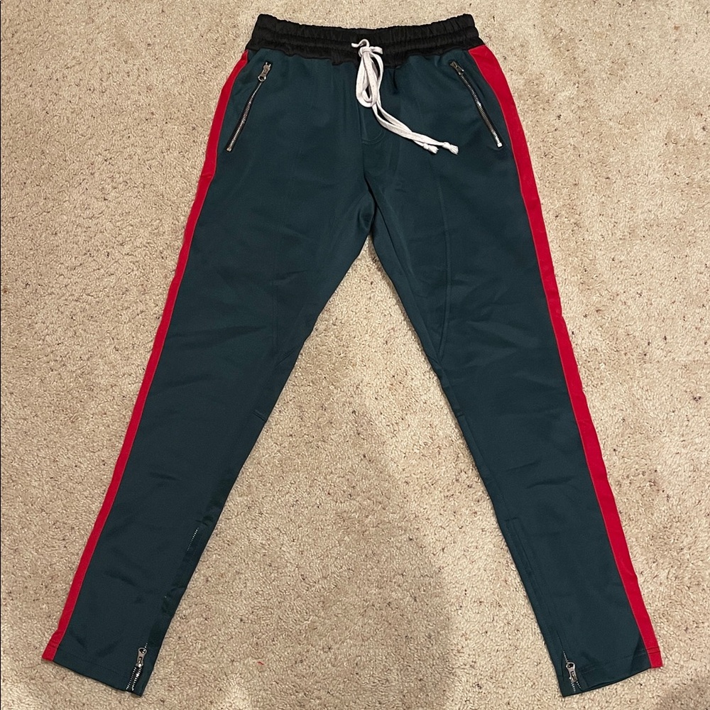 VINTAGE TRACK PANTS FOREST GREEN/RED BROADWAY W THE CRAZY DETAILS SZ M